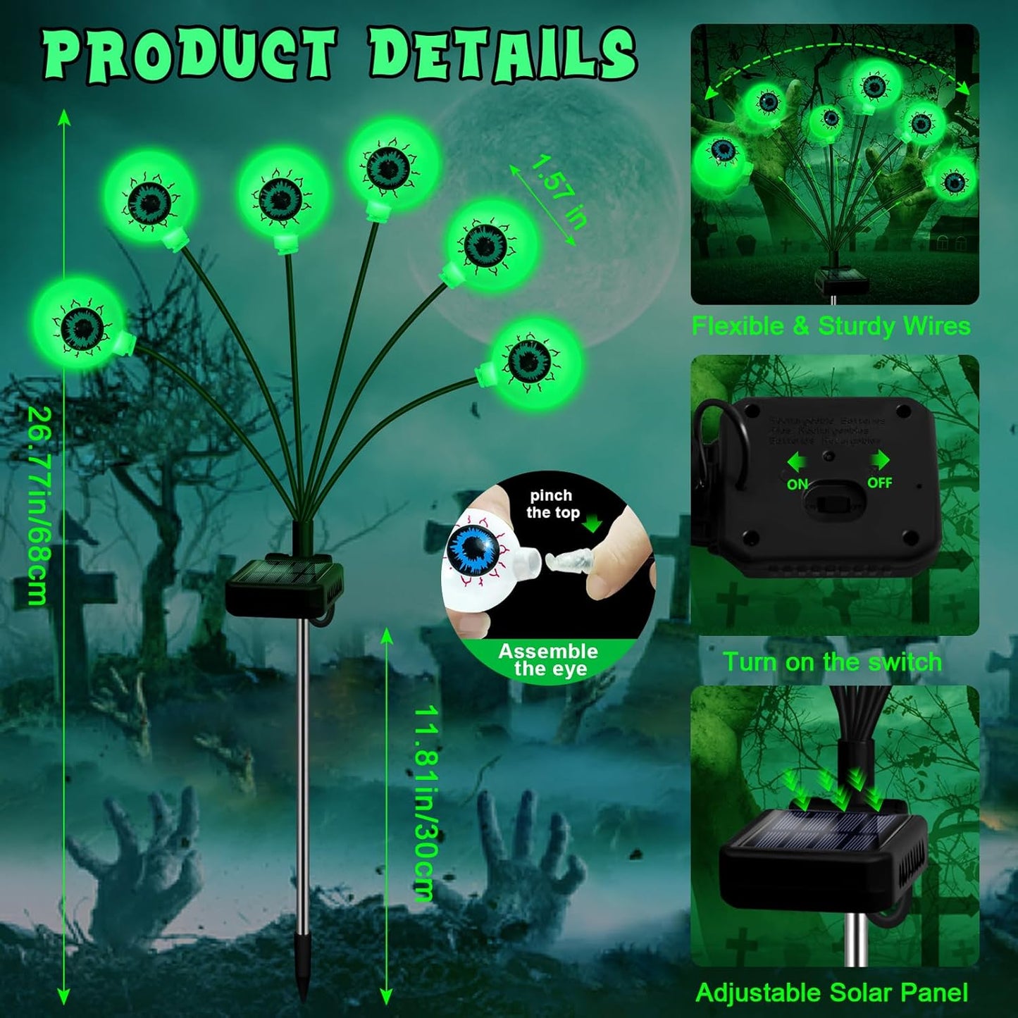 Solar Halloween Decorations, 4 Pack 24 LED Spooky Eyeball Lights, Outdoor Waterproof Solar Green