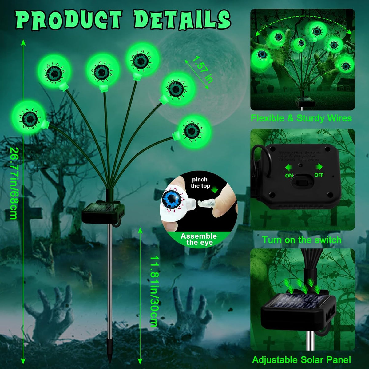 Solar Halloween Decorations, 4 Pack 24 LED Spooky Eyeball Lights, Outdoor Waterproof Solar Green