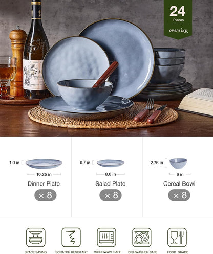 Famiware Dinnerware Sets for 8, Ocean Round 24-Piece Kitchen Plates and Bowls Sets, Reactive Glaze