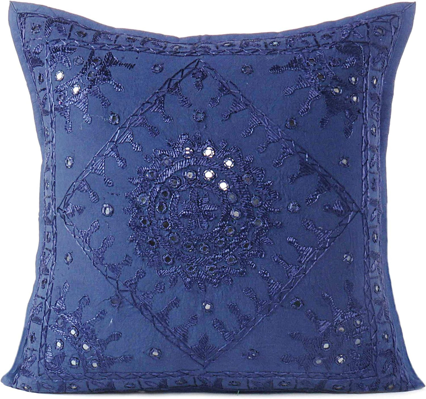 Eyes of India Embroidered Decorative Boho Throw Pillow Cover with Mirrors, Handmade Bohemian Accent