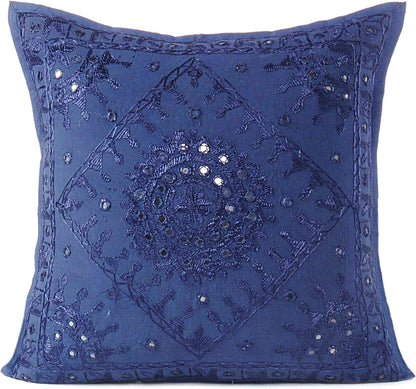 Eyes of India Embroidered Decorative Boho Throw Pillow Cover with Mirrors, Handmade Bohemian Accent