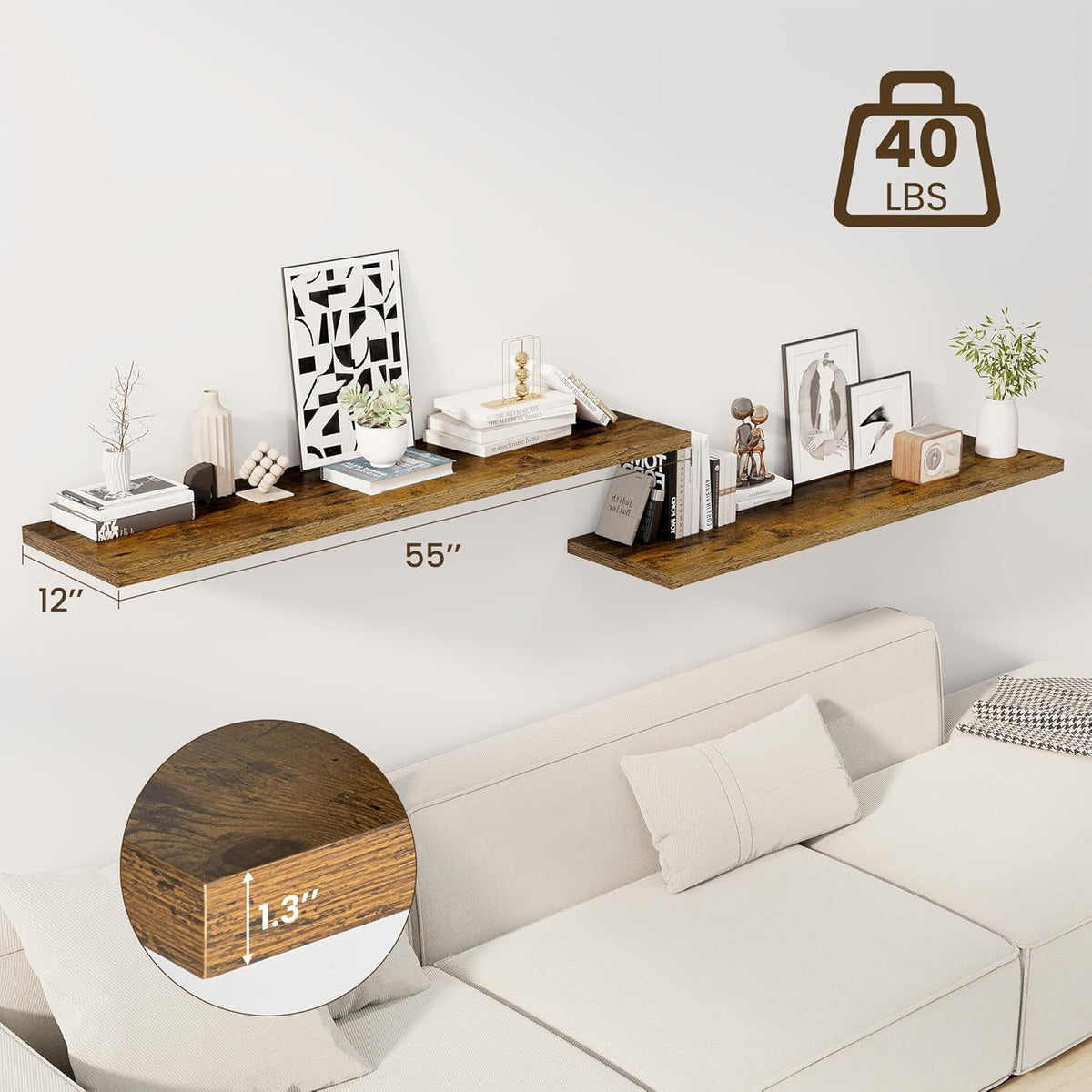 55" Floating Shelves for Wall, 12" Deep Slim Rustic Brown Floating Shelves, Wall-Mounted Shelves