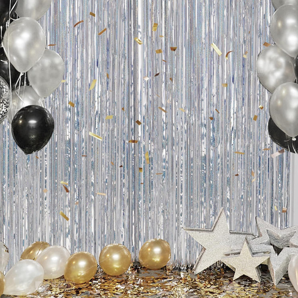 3 Pack Foil Fringe Backdrop - Laser Silver Shiny Tinsel Curtains for Party Decoration/Photo Booth