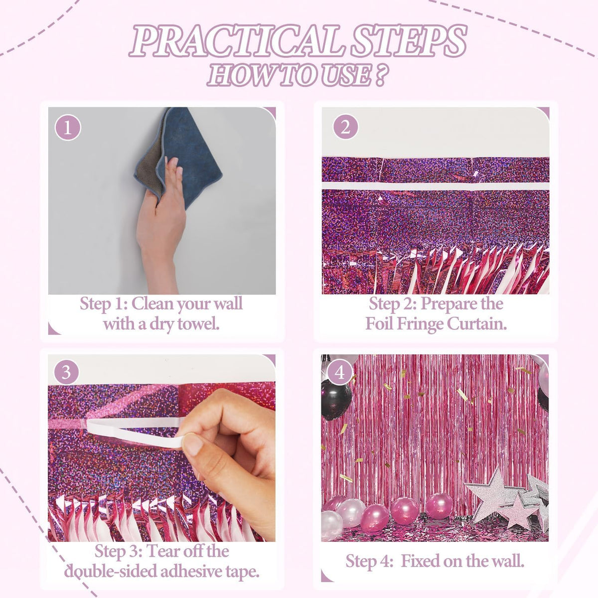 3 Pack Foil Fringe Backdrop - Laser Pink Shiny Tinsel Curtains for Party Decoration/Photo Booth
