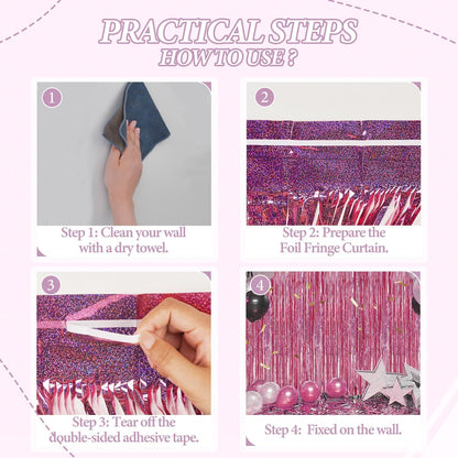 3 Pack Foil Fringe Backdrop - Laser Pink Shiny Tinsel Curtains for Party Decoration/Photo Booth