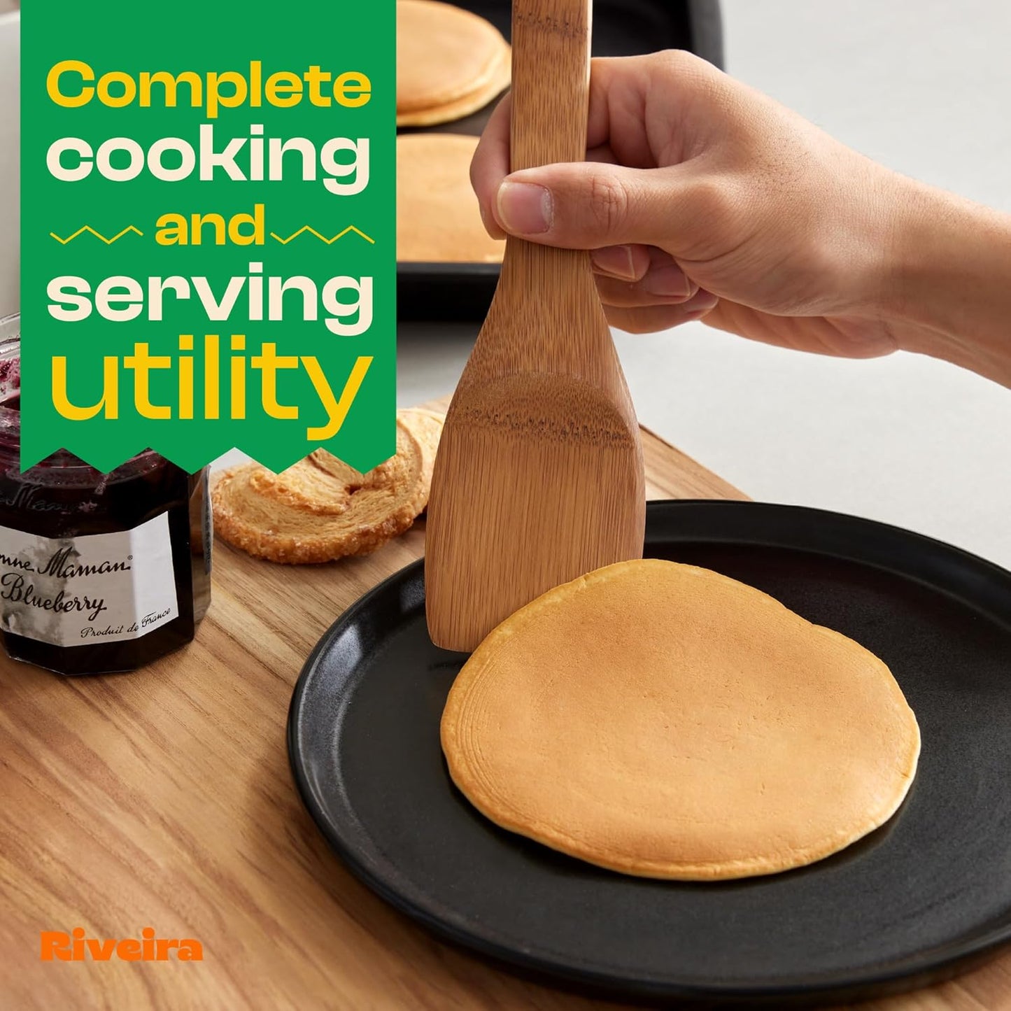 Riveira Dark Bamboo Wooden Spoons for Cooking 6-Piece, Apartment Essentials Wood Spatula Spoon