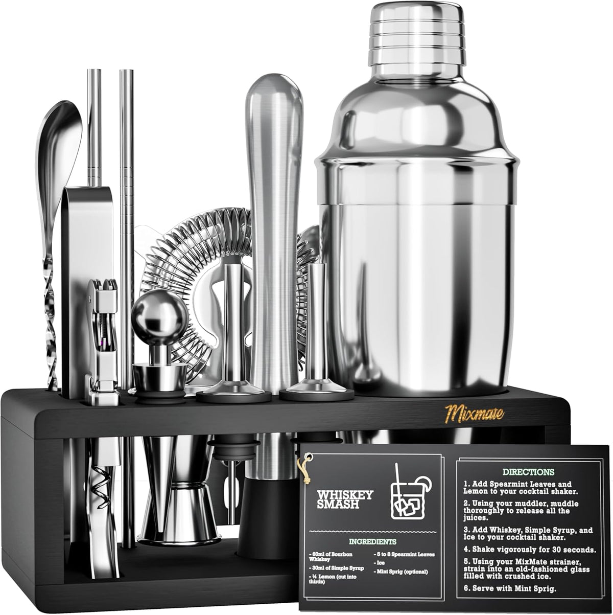 Mixology Bartender Kit with Stand - 15 Piece Bar Tool Set, Silver Bar Set Cocktail Shaker Set for
