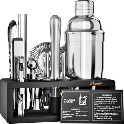 Mixology Bartender Kit with Stand - 15 Piece Bar Tool Set, Silver Bar Set Cocktail Shaker Set for