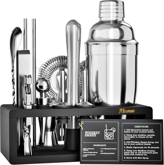 Mixology Bartender Kit with Stand - 15 Piece Bar Tool Set, Silver Bar Set Cocktail Shaker Set for