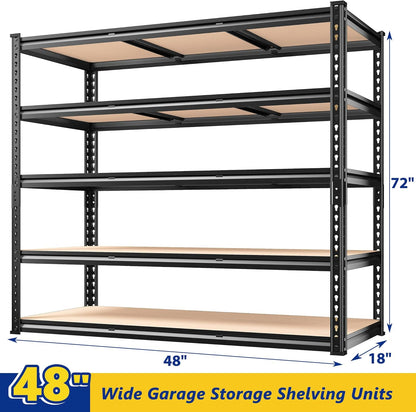 REIBII 48" W Garage Shelving Heavy Duty, 3000LBS Storage Shelves, 5-Tier Adjustable Metal Shelving