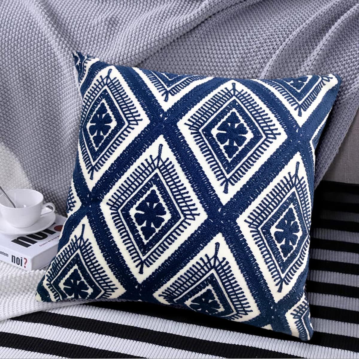 Alysheer Embroidered Decorative Throw Pillow Covers 18x18 inches Set of 2 Pieces, Boho Geometric