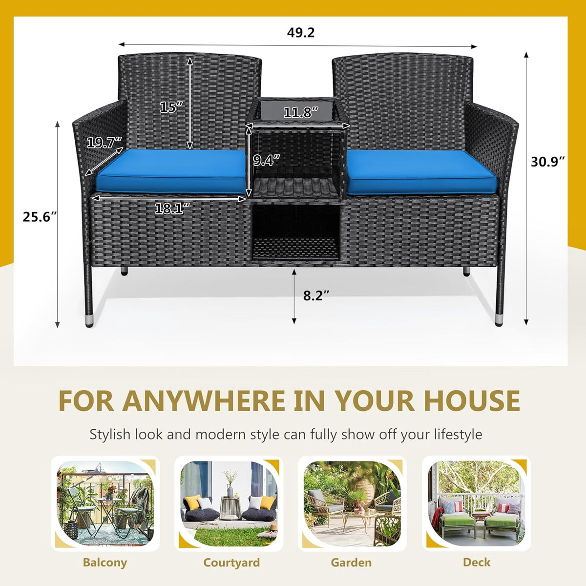 Flamaker Outdoor Furniture Patio Loveseat Wicker 2-Seat with Built-in Table and Cushions Rattan