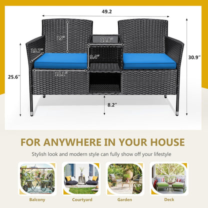 Flamaker Outdoor Furniture Patio Loveseat Wicker 2-Seat with Built-in Table and Cushions Rattan