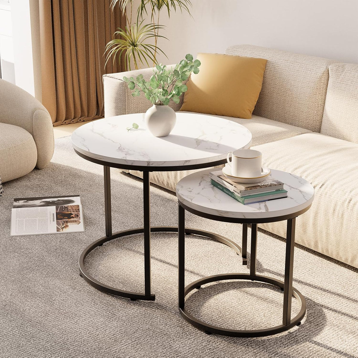aboxoo Round Nesting Coffee Table Side Table Set of 2 End Tables for Living Room Bedroom Balcony