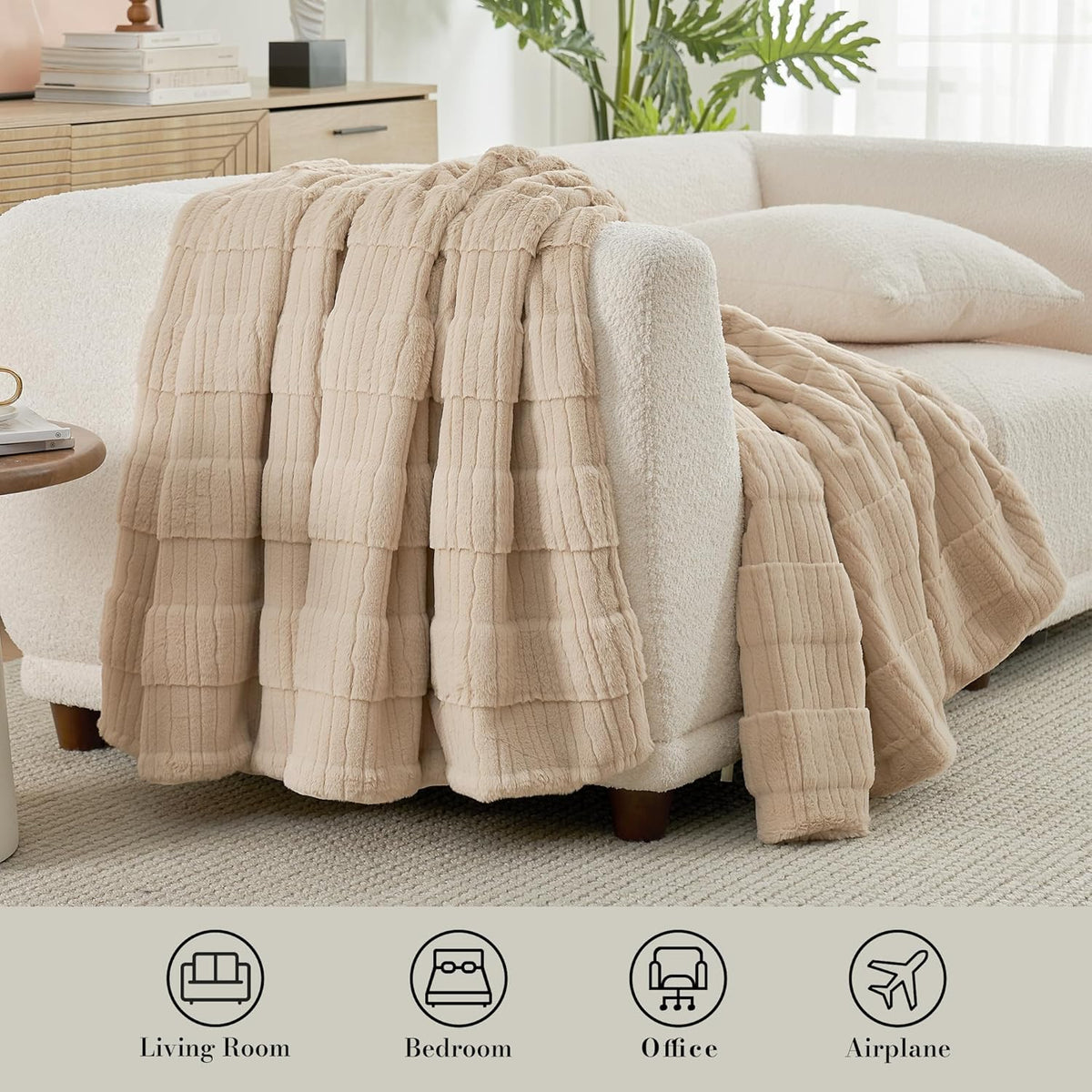 Amélie Home Luxury Striped Faux Fur Throw Blanket for Couch, Embossed Split Fur Cozy Fuzzy Fluffy