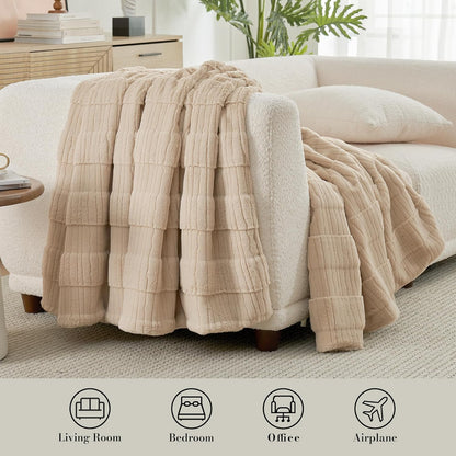 Amélie Home Luxury Striped Faux Fur Throw Blanket for Couch, Embossed Split Fur Cozy Fuzzy Fluffy