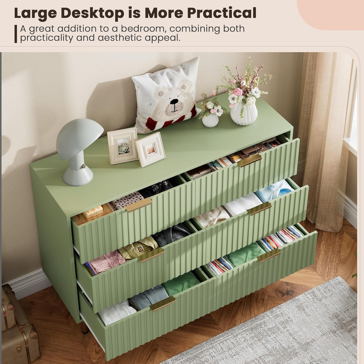 Green 6 Drawer Dresser for Bedroom, Fluted 47.2" Wide Modern Chest of Drawers with Deep Drawers