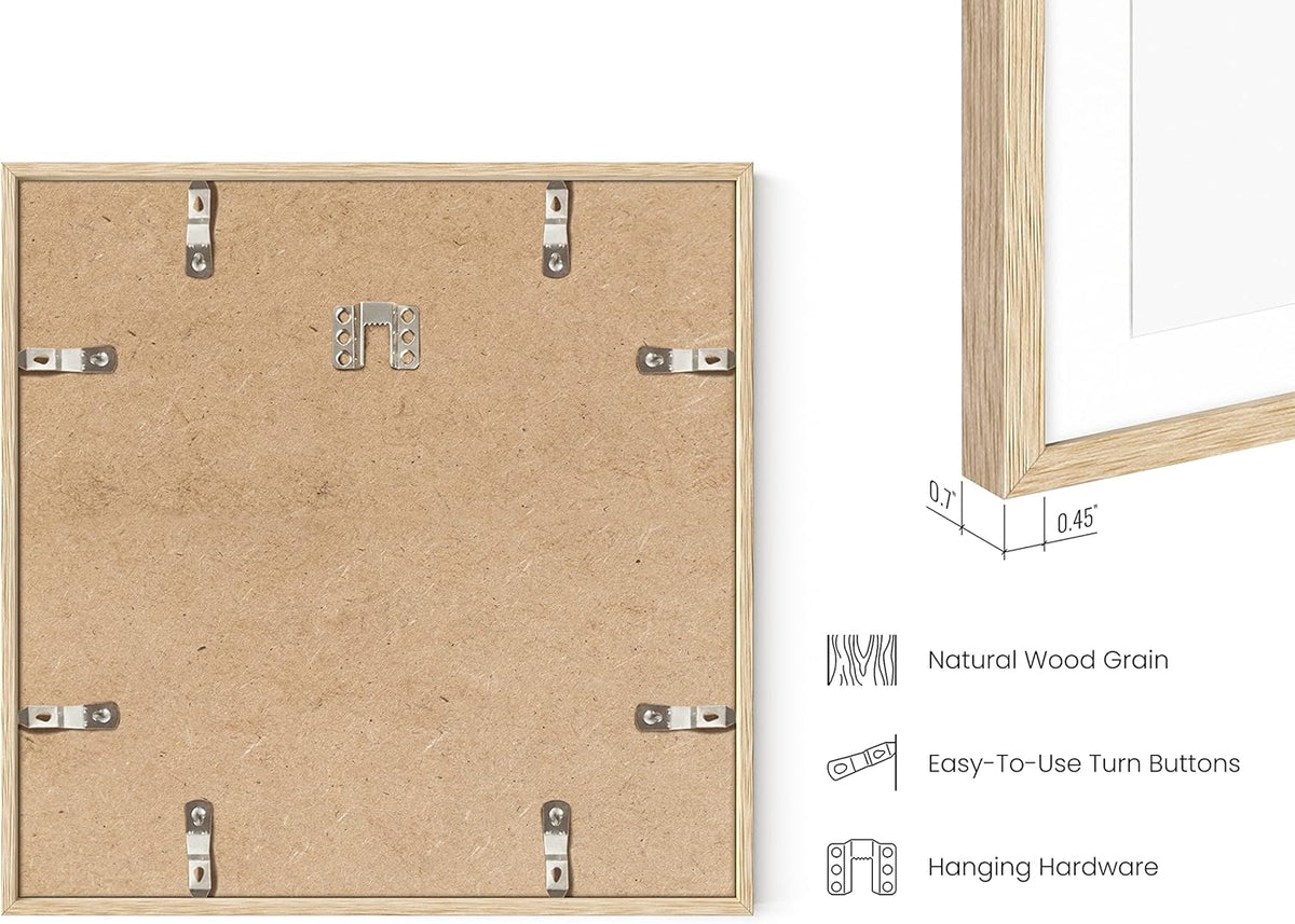 HAUS AND HUES Solid Oak Wood 12”x12” Picture Frames Matted to 8”x8” Set of 6 - Photo Gallery Wall