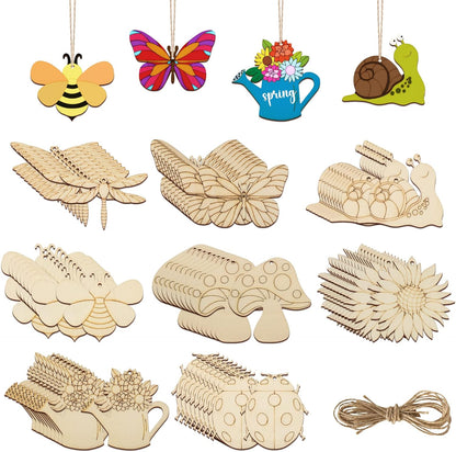 80PCS Wooden Spring Ornaments to Paint, 8 Styles DIY Blank Unfinished Wood Cutouts Ornament for