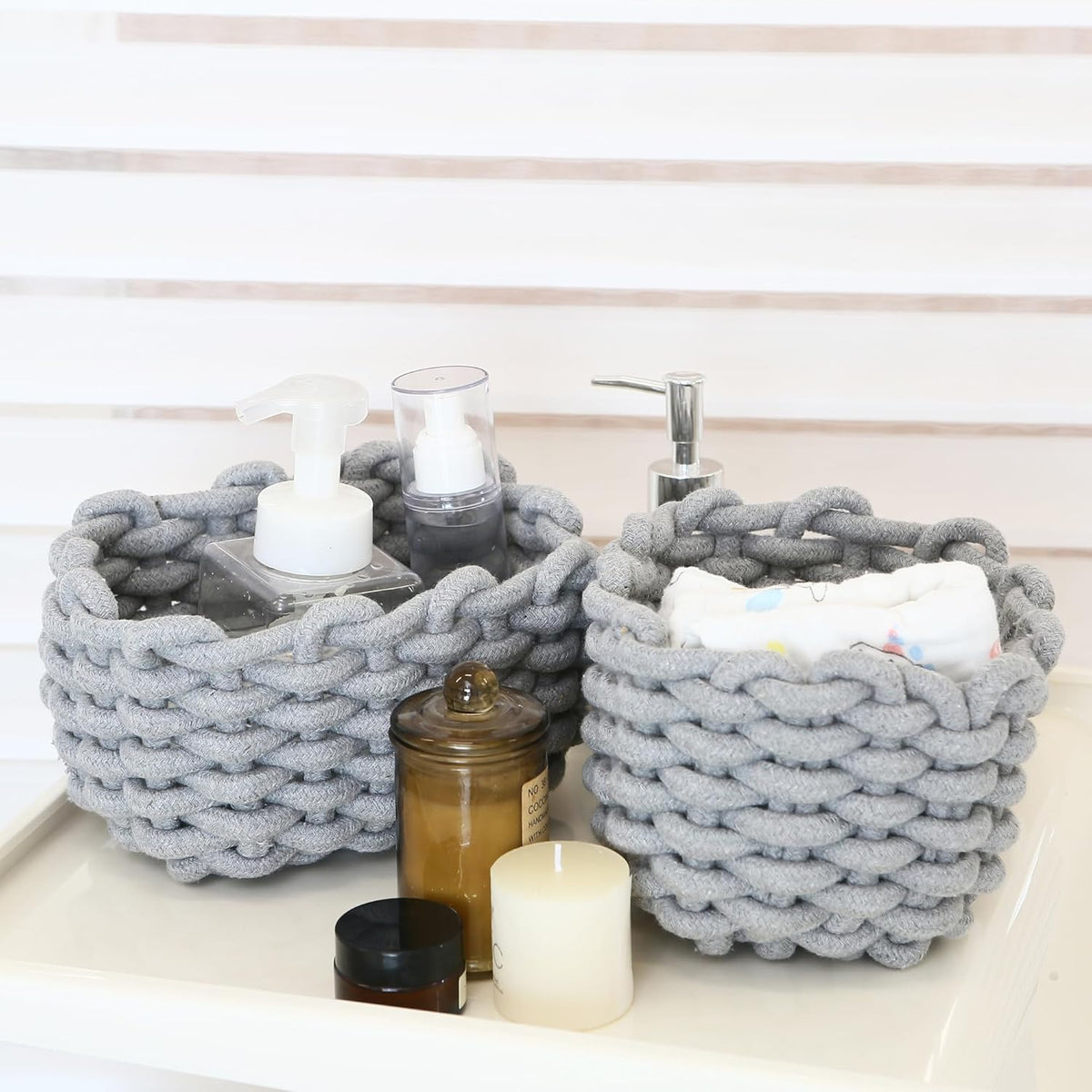 Sea Team 3-Pack Rectangle Woven Cotton Rope Storage Baskets with Handles, Shelf Basket, Closet