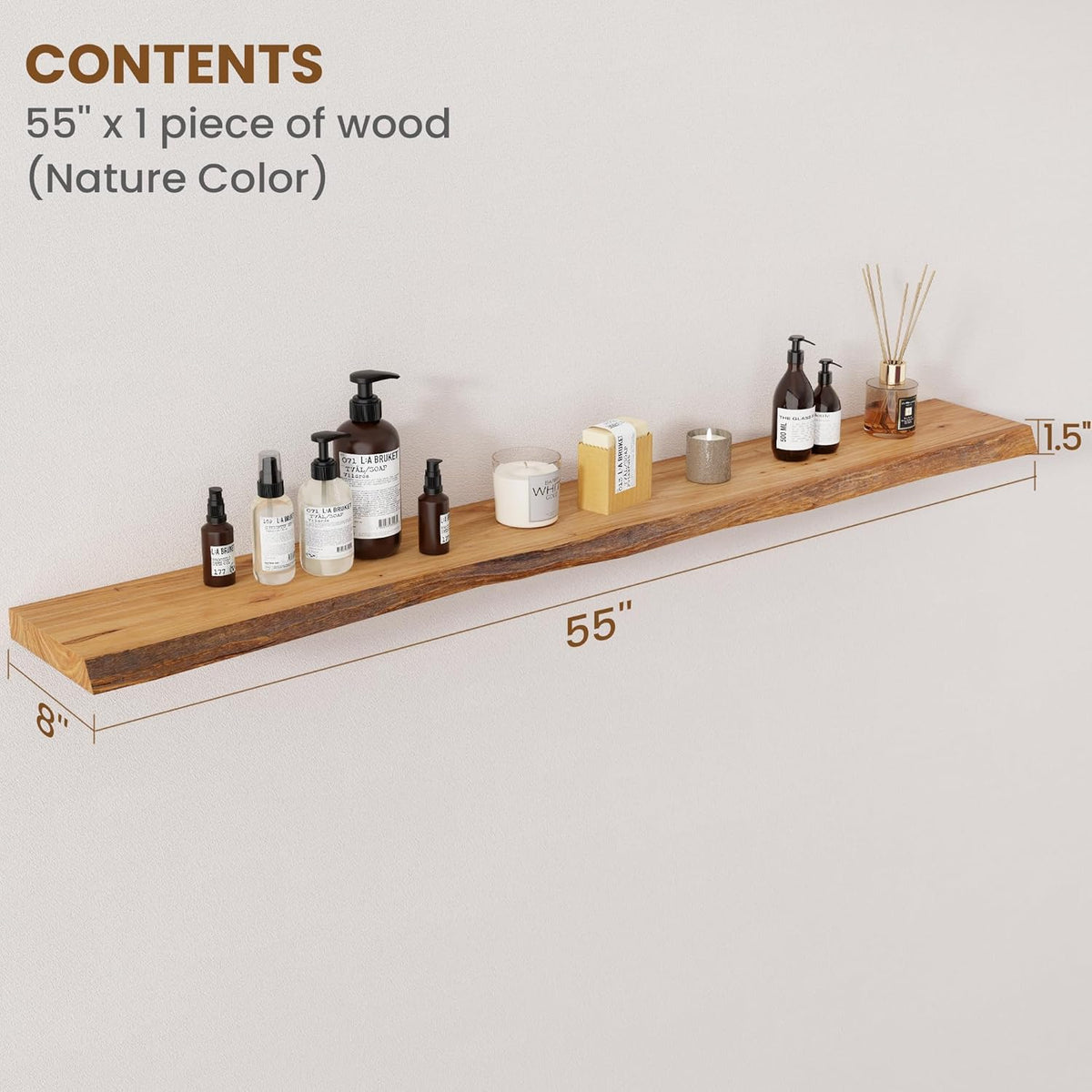 Floating Shelves for Wall Decor, Rustic Solid Elm Wood Live Edge Floating Shelves Wall Mounted