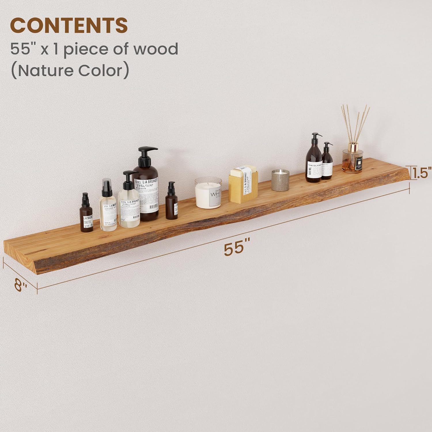 Floating Shelves for Wall Decor, Rustic Solid Elm Wood Live Edge Floating Shelves Wall Mounted