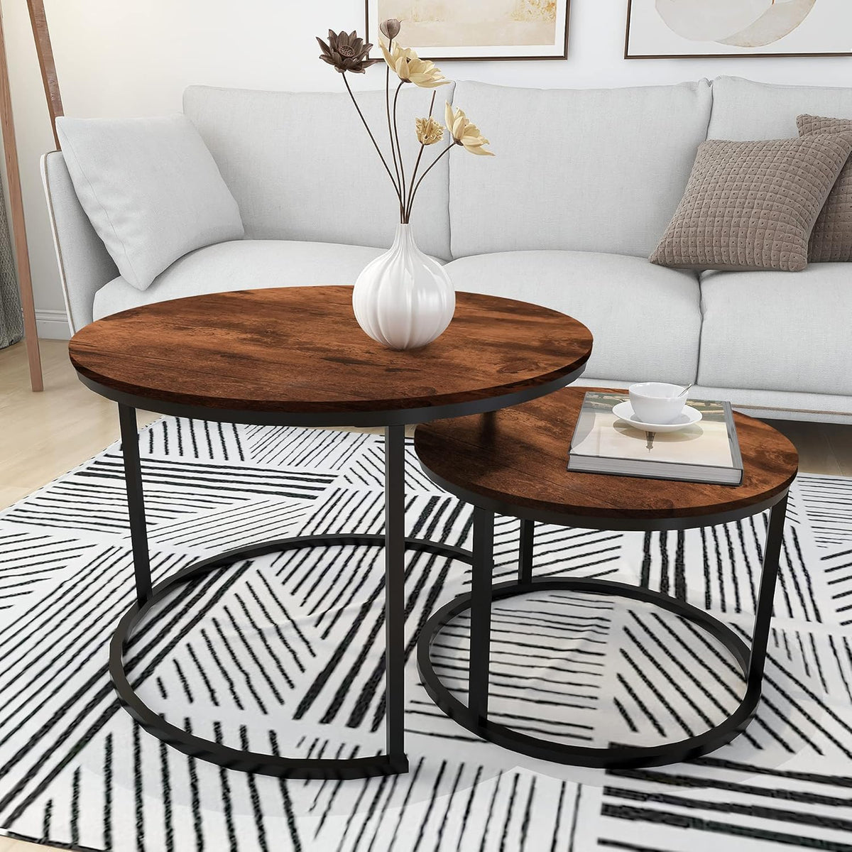 HOMERECOMMEND Round Coffee Table Set of 2 Modern Nesting Side End Table for Living Room,Round