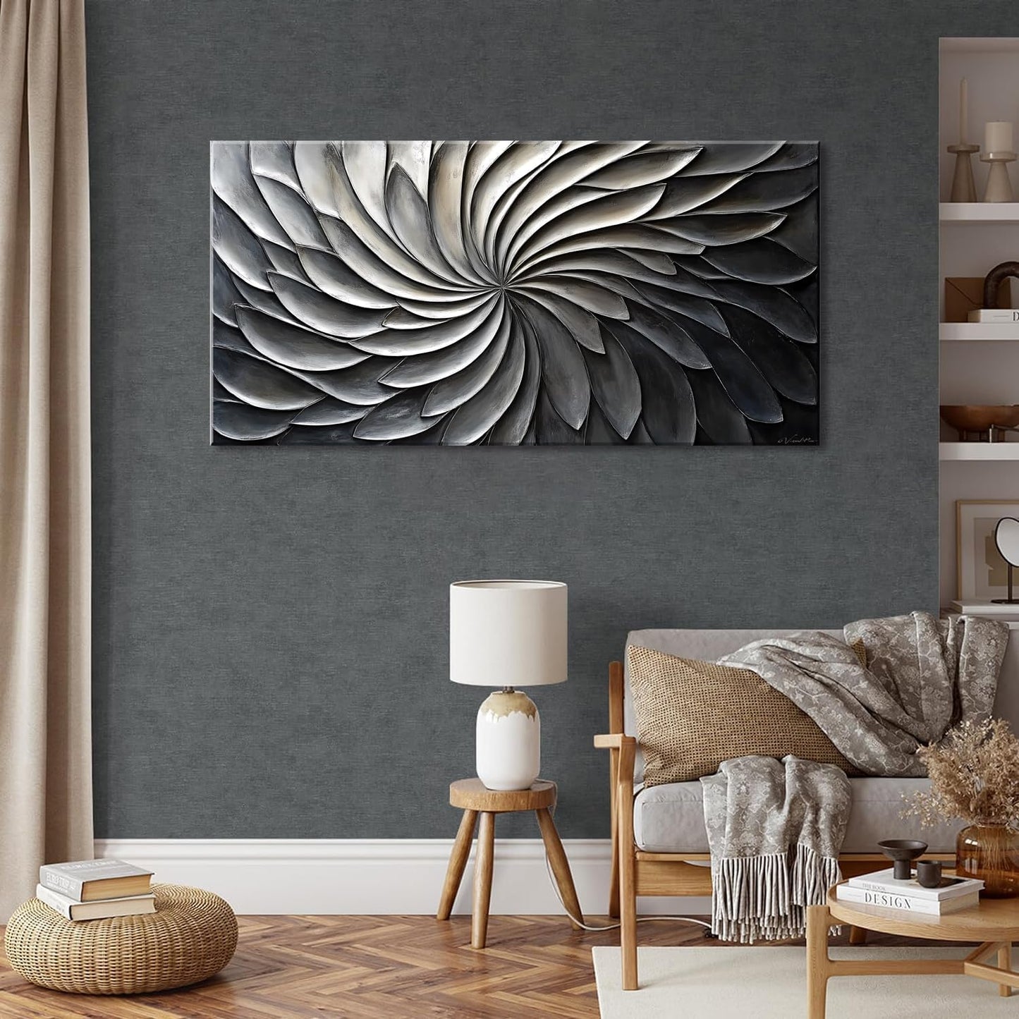 LASMOND Abstract Black and White Wall Art for Living Room Modern Canvas Print Painting Lines Flower