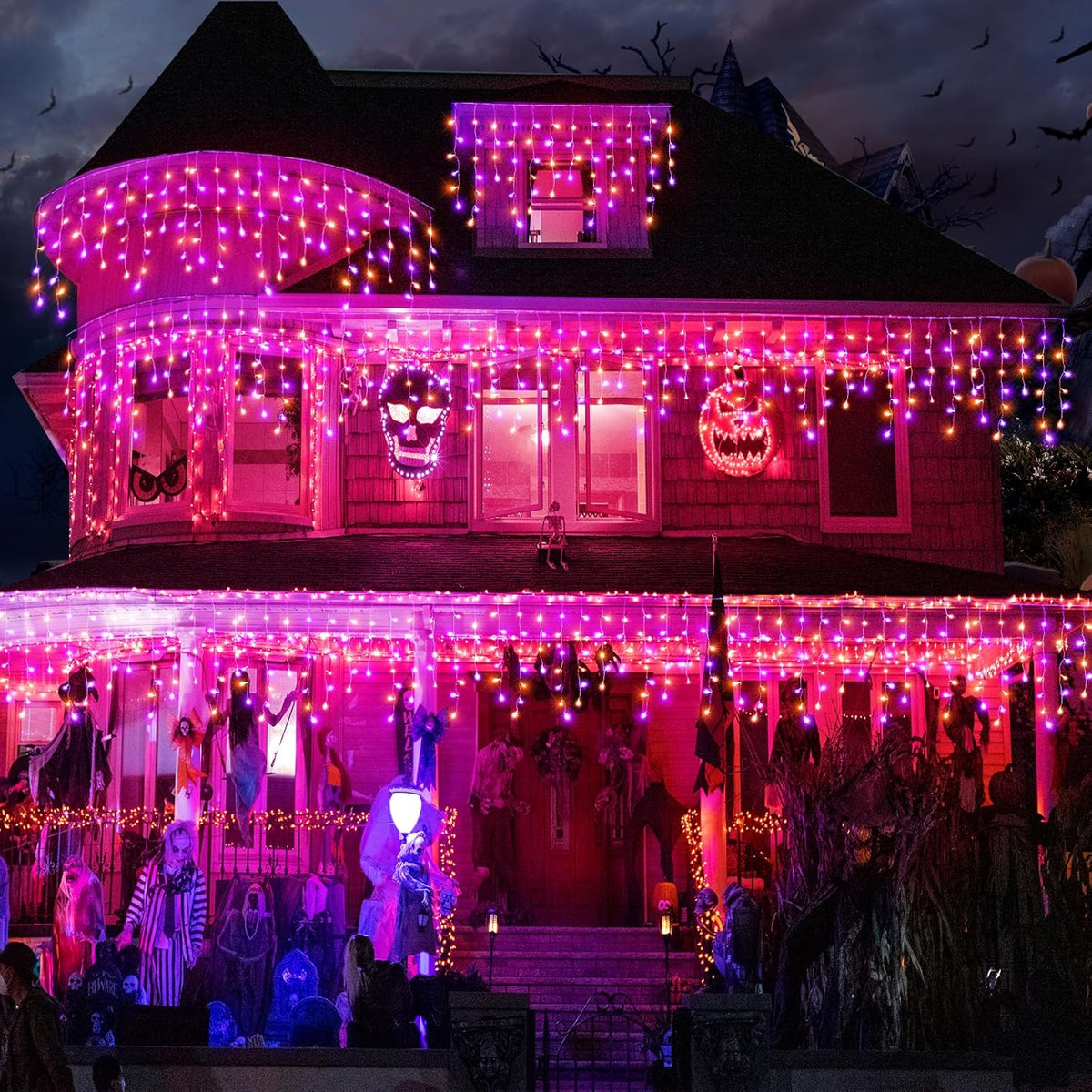 Orange and Purple Halloween Lights Outdoor, 33FT 400 LED Icicle Lights for Outside with Waterproof