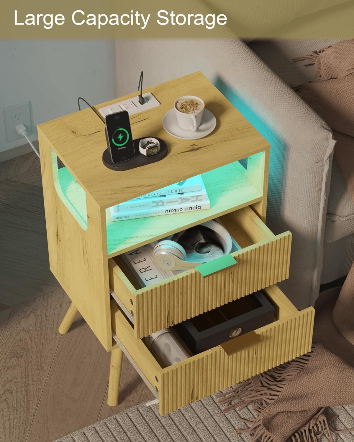 Nightstand with Charging Station and LED Lights,Modern Bedside Table with 2 Storage Drawer and Open