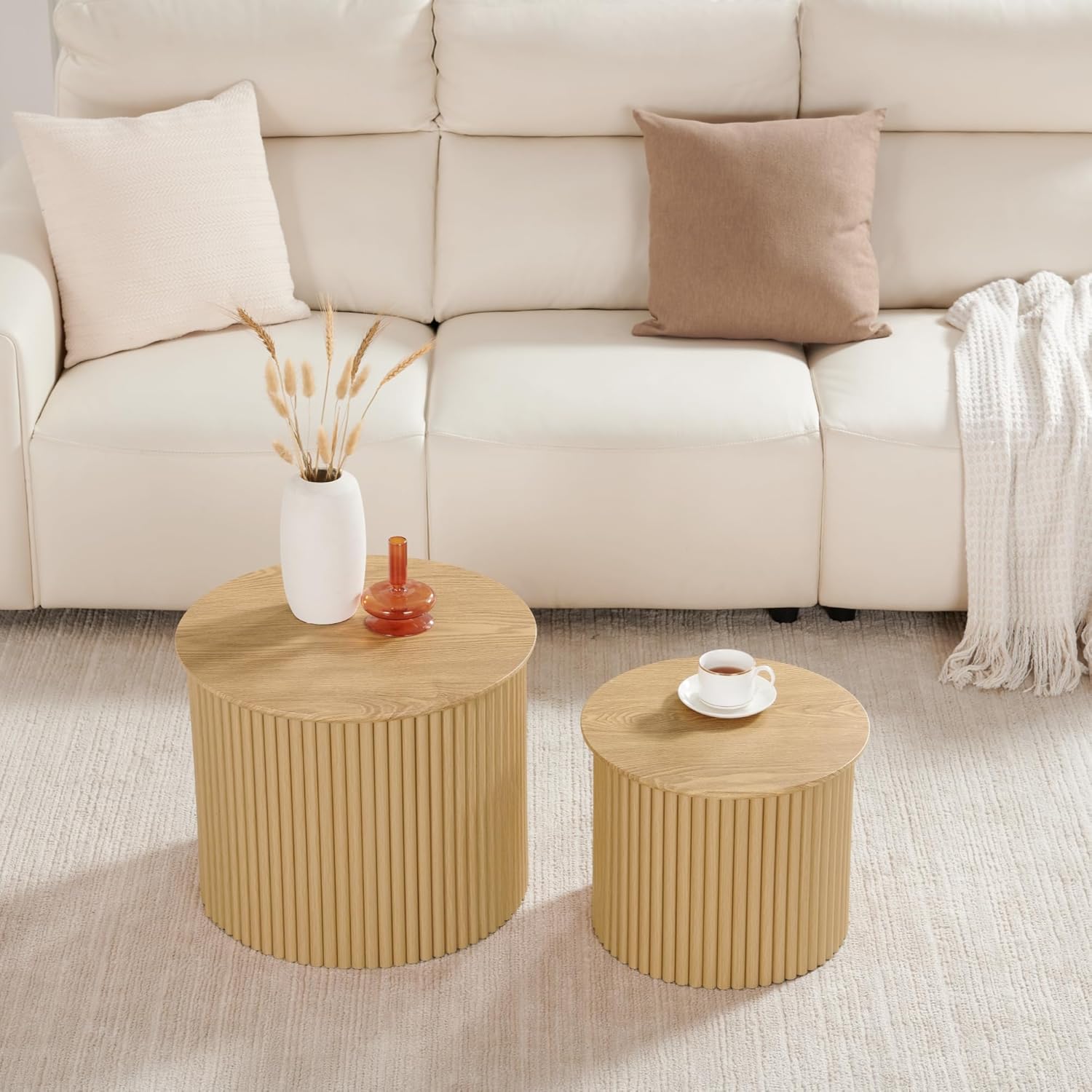 Fluted Round Nesting Coffee Table Set of 2, Small Coffee Table Circle Side Table, Boho Modern Wood