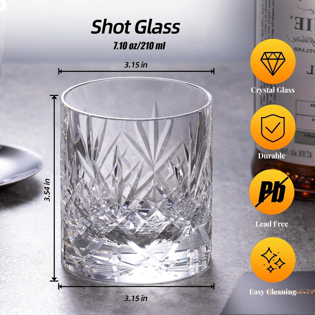 KAMMAK Crystal Whiskey Glasses Set of 2, Handcrafted 7.1oz Old Fashioned Glasses Stemless, Luxury