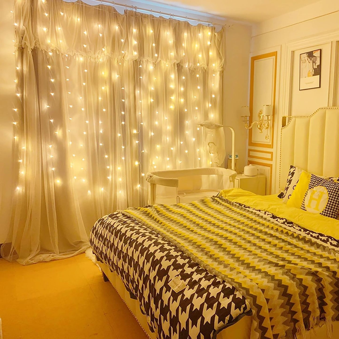 Dazzle Bright Curtain String Lights, 300 LED 9.8ft x9.8ft Warm White Fairy Lights with 8 Lighting