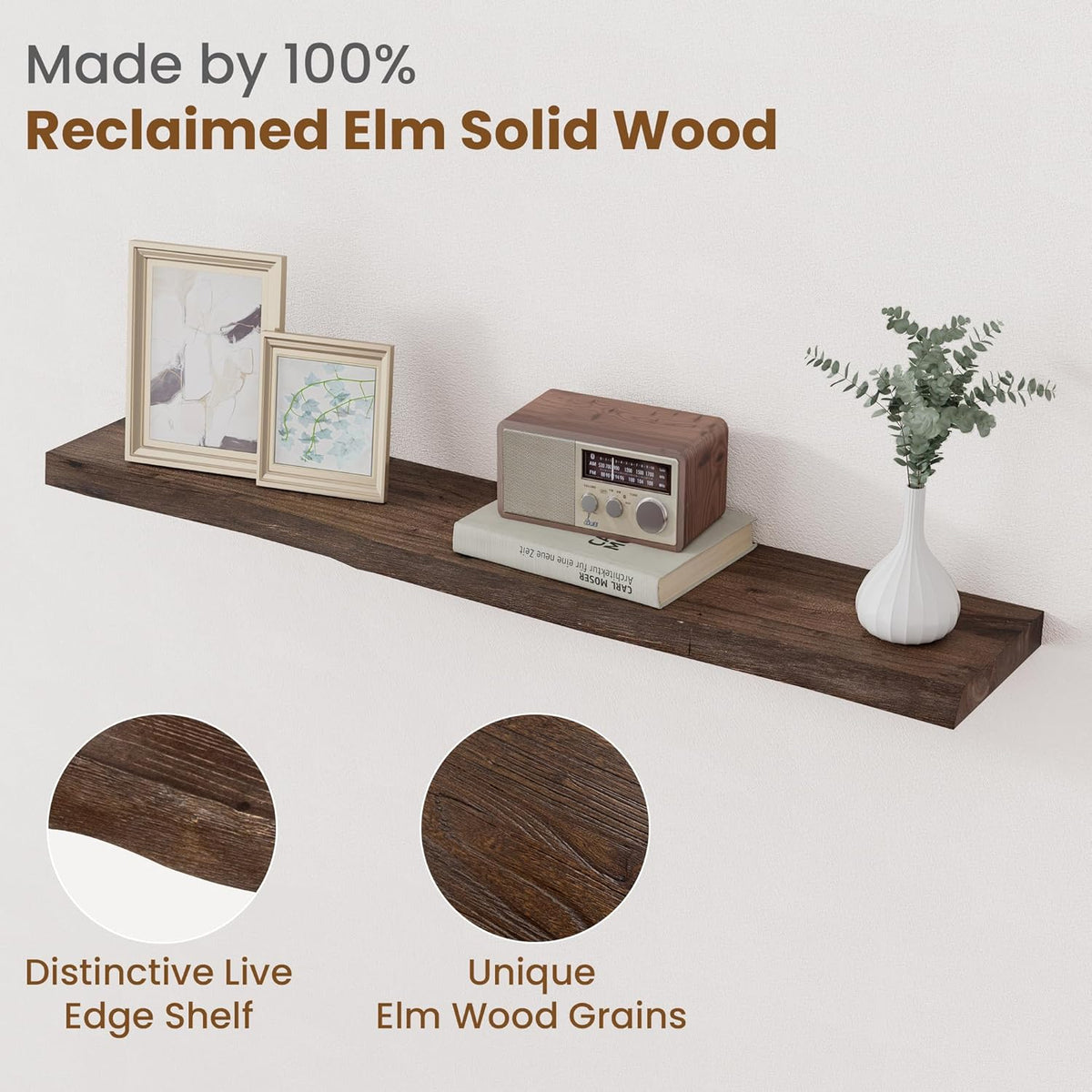 Floating Shelves for Wall Decor, Rustic Solid Elm Wood Live Edge Floating Shelves Wall Mounted