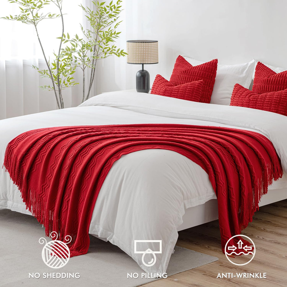 MIULEE Red Knitted Throw Blanket for Couch Boho Textured Cozy Woven Blanket with Tassels for Sofa