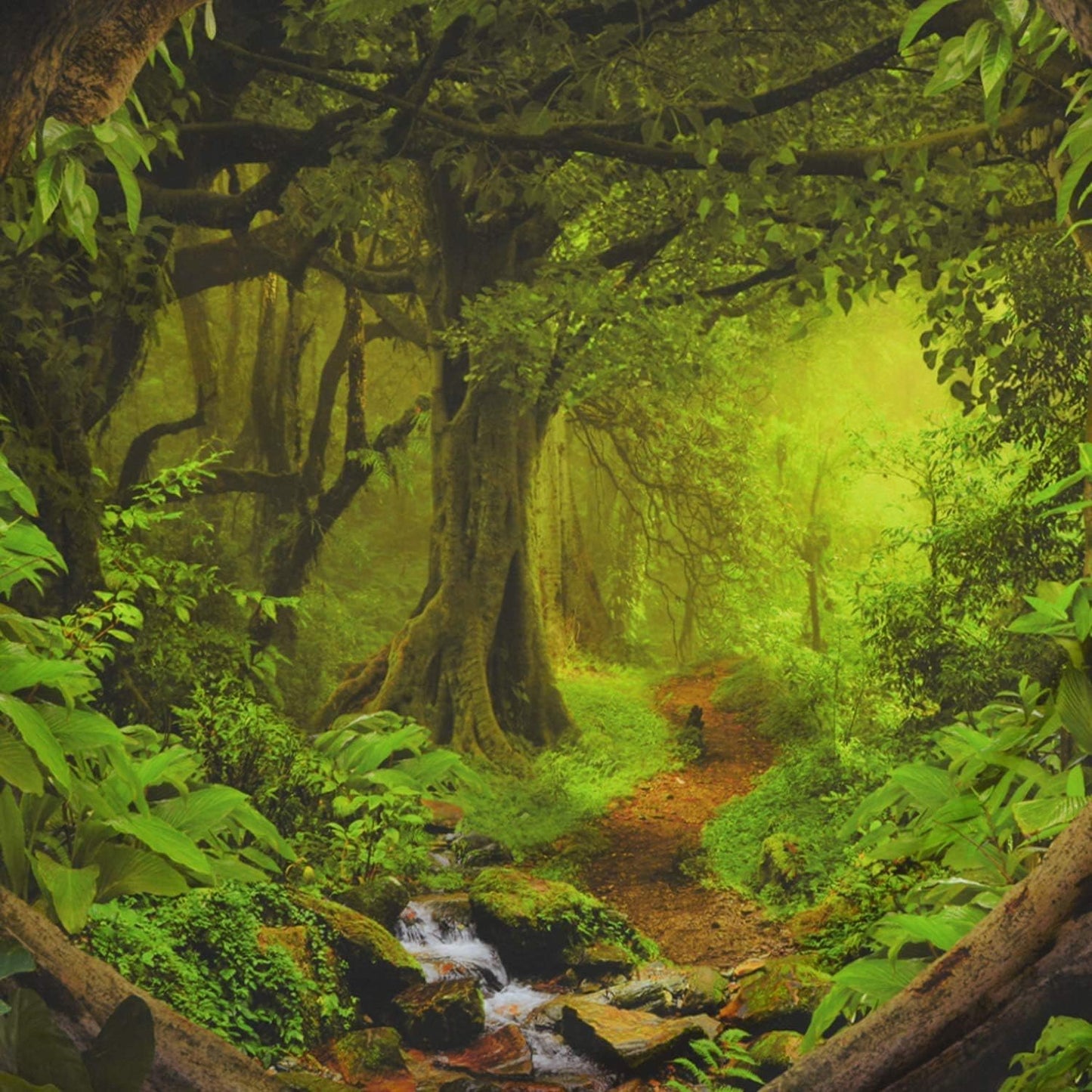 Tushelia Forest Nature Tapestry - Tree Cave Wall Hanging, Misty Forest Stream Through Rainforest