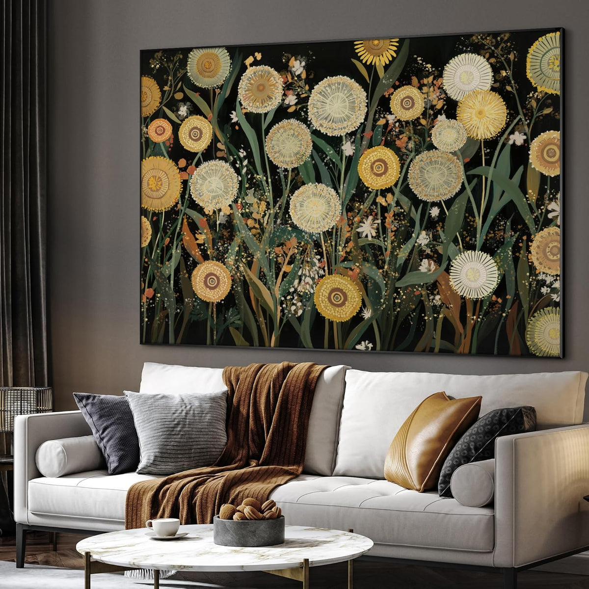 SIGNWIN 36"x46" Extra Large Framed Wall Art Whimsical Dandelion Field in Yellow and Green, Playful