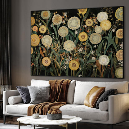 SIGNWIN 36"x46" Extra Large Framed Wall Art Whimsical Dandelion Field in Yellow and Green, Playful