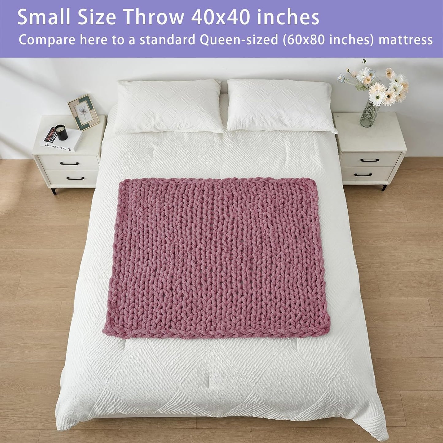 Bigacogo Chunky Knit Throw Blanket for Couch, 40x40 inches, 100% Hand Knitted with Thick Jumbo