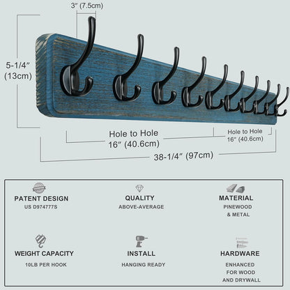 Dseap Coat Rack Wall: 38-1/4" Long, Patented, Heavy-Duty, 10-Double-Hooks Wooden Wall Mounted Coat