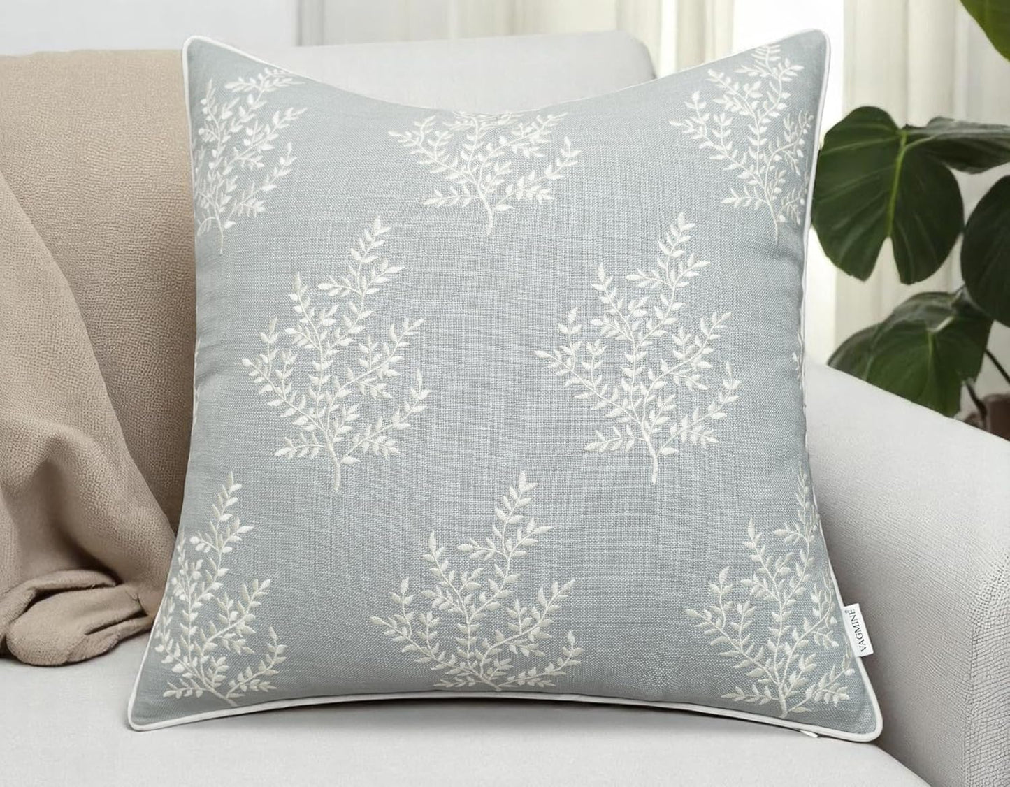 VAGMINE Embroidered Leaves Throw Pillow Cover - 18x18 Inches Square - 100% Cotton Robins Egg