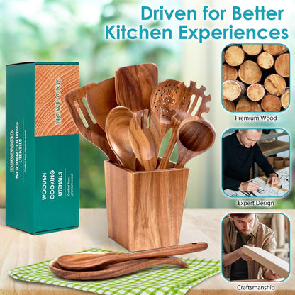 Wooden Spoons for Cooking, Acacia Wood Cooking Utensils Set – 11 Piece Wooden Kitchen Tools with