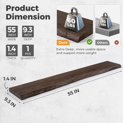 RICHFOCUS Live Edge Elm Floating Shelves - 55" W x 9.3" D Rustic Solid Wood Wall Shelves with