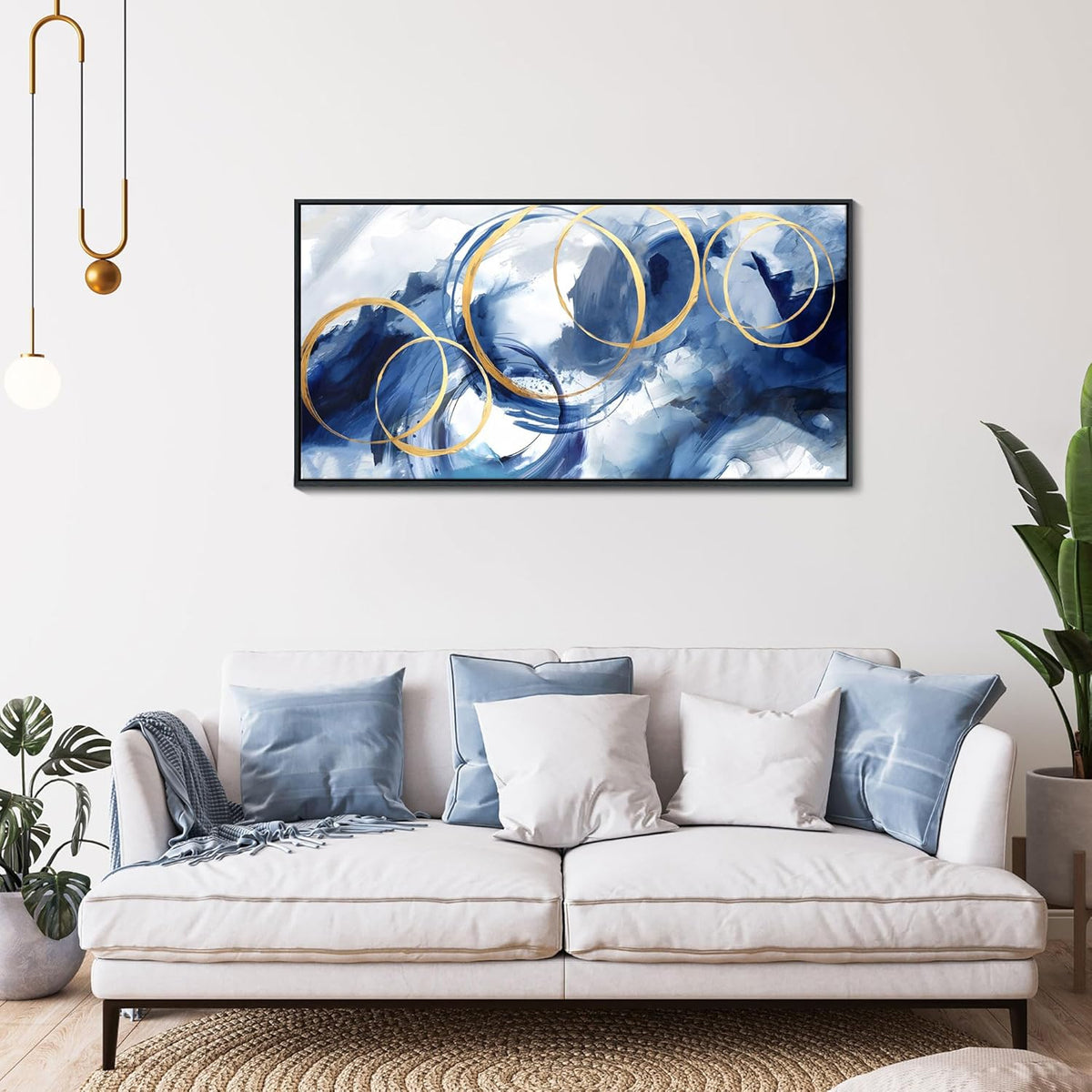 AJAZIKO Blue Abstract Wall Art Modern Navy Blue and Gold Pictures for Living Room Paintings Office