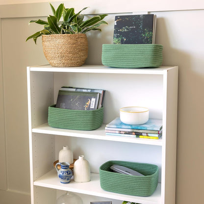 NaturalCozy 11.8"x8"x4.5” Rectangle Storage Baskets for Shelves 3 Pack | Cotton Rope Woven Small