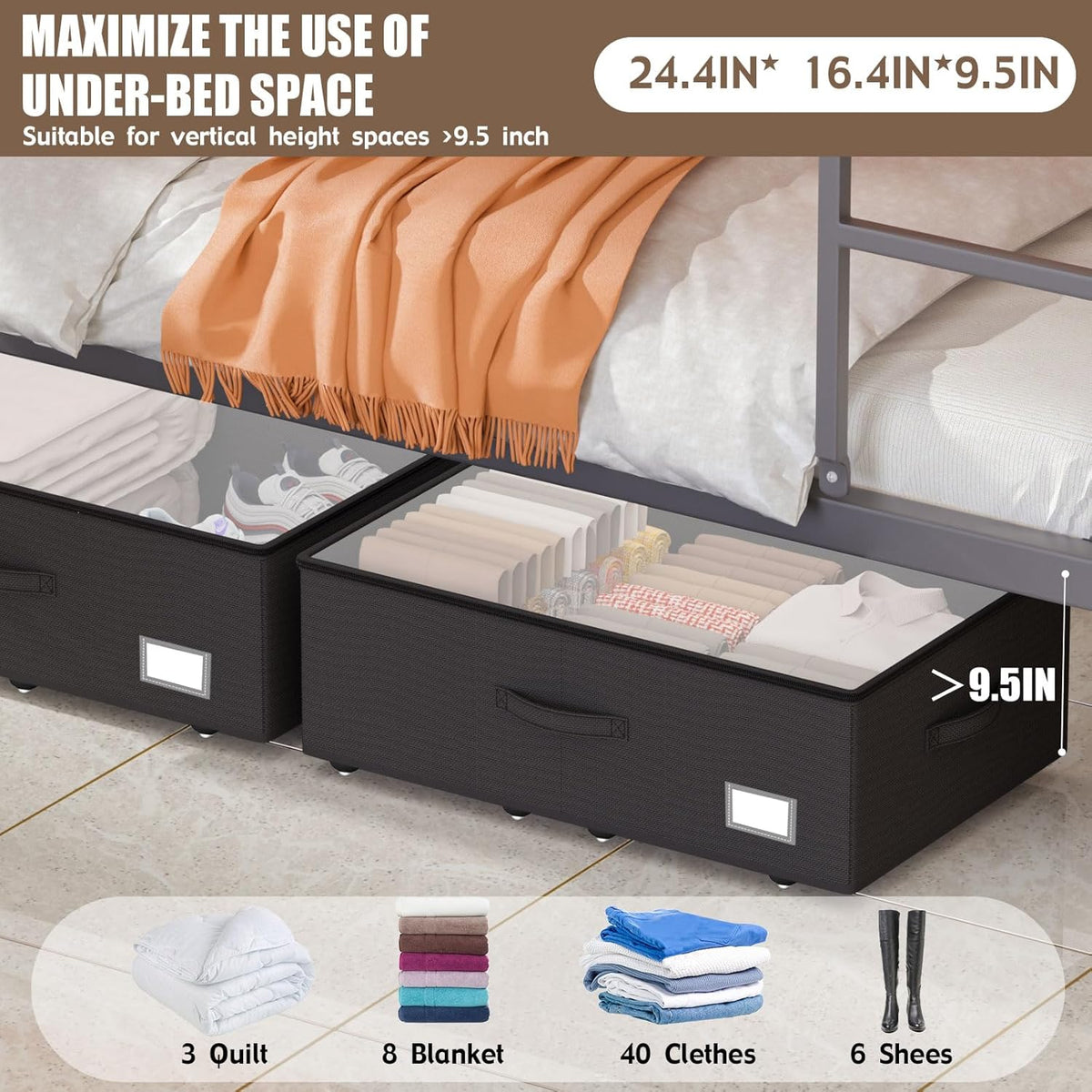 Underbed Storage Bins With Wheels, No Assemble Required 10 inches Height Large Capacity Rolling
