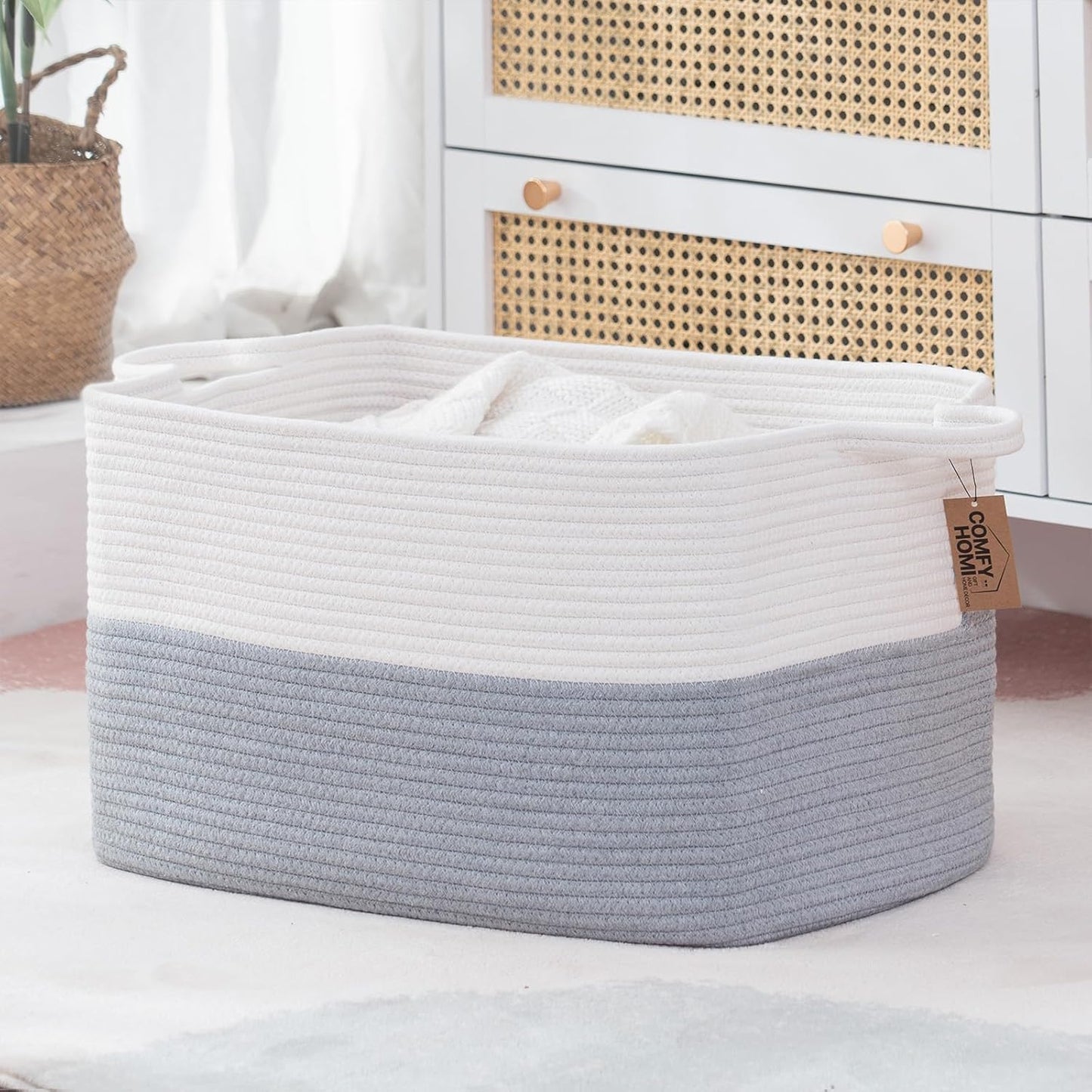 COMFY-HOMI Large Rectangle Laundry Storage Basket | Cotton Rope Woven, Organizing with Handle |