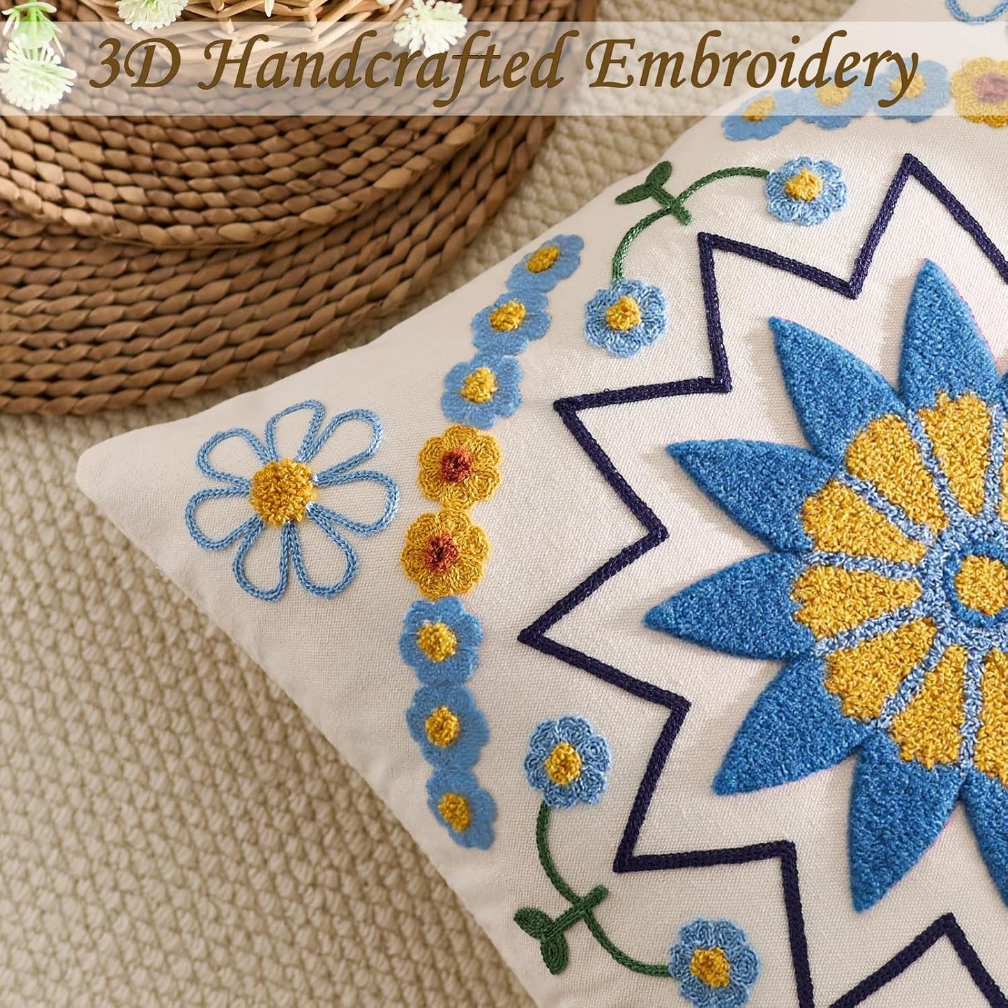 Embroidered Throw Pillow Cover 18x18 Classic Boho Floral Pattern Pillows Cover Outdoor Decorative