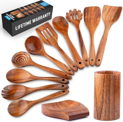 Zulay Kitchen 12-Piece Teak Wooden Utensils for Cooking - Natural Teak Utensil Set with Premium