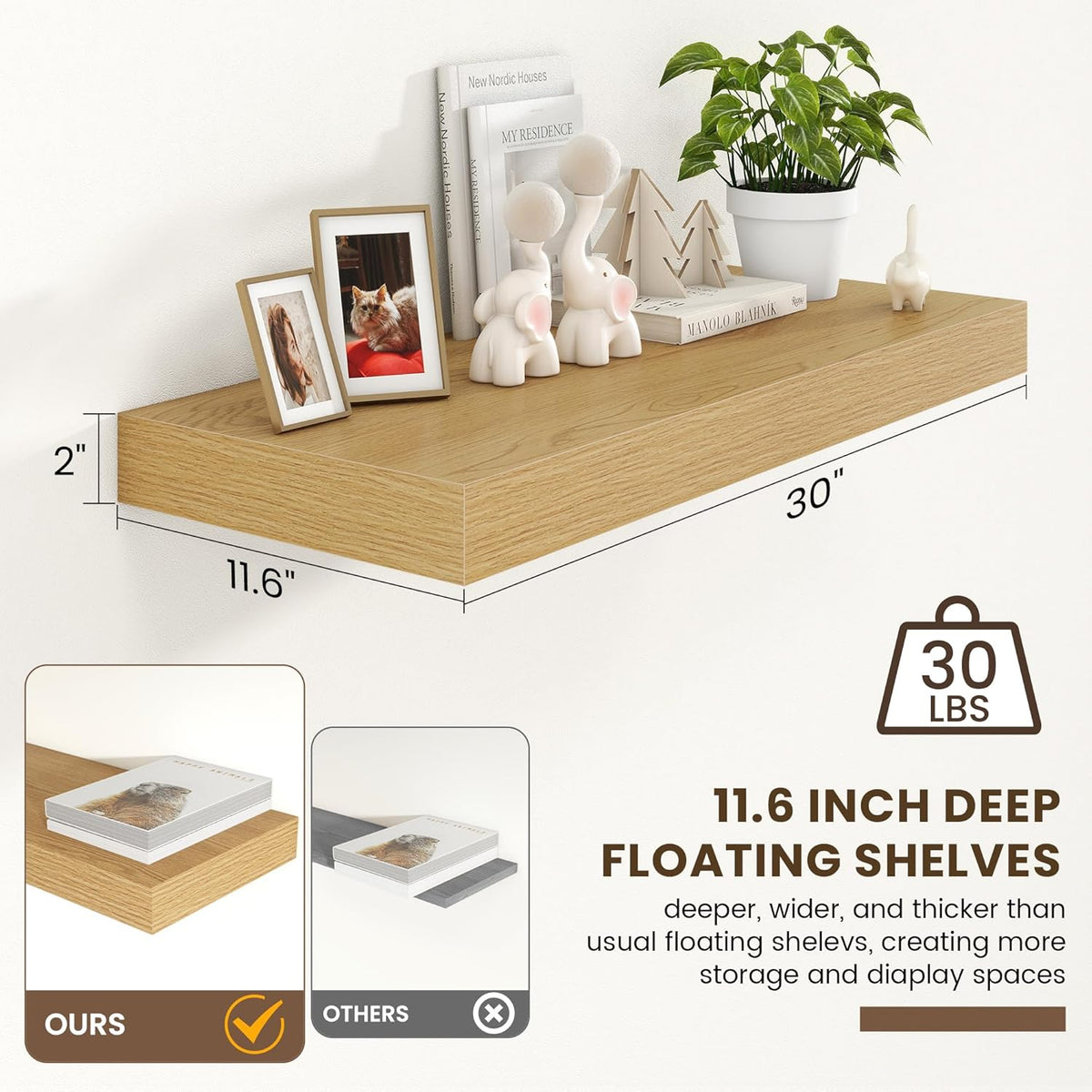 Deep Floating Shelves for Wall | 30 Inch Wide x 12 Inch Deep Floating Shelves | 30W x 12D Rustic